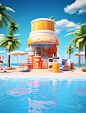 a soda stand on the beach and pool, in the style of rendered in cinema4d, movie poster, asymmetric compositions, bright luster, wimmelbilder, playful compositions