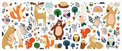 卡通动物矢量 | 图源免费EPS文件 |一组卡通风格的可爱林地森林动物的独立图案。是理想的儿童设计，适用于织物、包装纸、纺织品、壁纸、服装。 