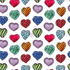 无缝图案与水彩心。心形与黑色轮廓。一个美丽的图案是完美的纺织品，印刷，社交媒体设计，包装设计，网站设