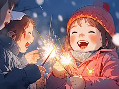 冬天小孩放烟花开心笑插画冬日治愈插画儿童插画幼儿园儿童教育日漫风格