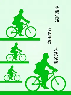 这幅海报整体是以绿色为主，海报中的男人骑着自行车，脸上露出了笑容，因为他也倡导着低碳生活，绿色出行，从我做起。因为现在倡导绿色是一件值得共同庆贺的事情。所以我们应该倡导骑自行车出行，降低汽车尾气排放，这样才能够做到低碳生活、绿色出行。