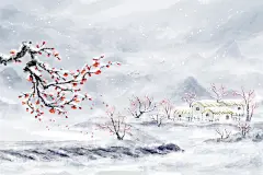 中国风水墨唯美白色雪景梅花大寒冬天山水风景插画海报背景素材