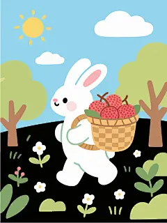 手绘兔子采摘荔枝插画