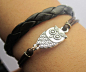 Bracelet--antique silver owl bracelet & double leather chain