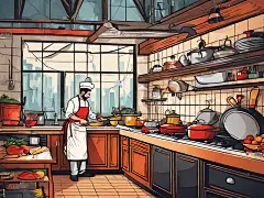 AI数字艺术扁平厨师在厨房烹饪插图