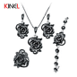 KineL Brand Rose Flower Black Crystal Jewelry Set Plating Ancient Silver 4Pcs/Sets Vintage Wedding Jewelry For Women (China (Mainland))
