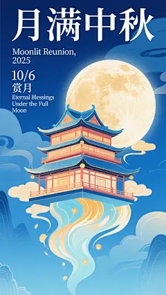 中式楼阁悬浮云端，满月映衬梦幻中秋，插画风国潮设计，虚拟现实感十足。