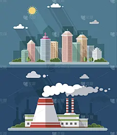 平面城市景观插图，包括市中心、郊区和工业景观