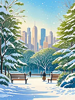 插画，森系风格，水彩透叠，白天，明亮，下雪，城市公园景色
