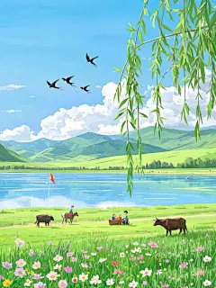 AI数字艺术春天插画春分清明节素材