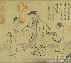 #人物画#【 南宋 梁楷（传）《右军书扇图》 】卷，纸本，墨笔，27.9×66.2cm，北京故宫博物院藏。 图绘王羲之为老妪书扇故事。本幅右边有梁楷题款，系后人添加，卷尾有元初赵由儁、张渊、钱良右、张世昌、石岩等人题跋，简笔人物的风格系仿自梁楷。