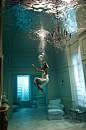 Photographer Phoebe Rudomino | brilliant underwater fashion editorial | chandelier | bubbles | graceful | floating | breathe | aquatic | blues and green | wow | amazing photography | lounge room | underwater set