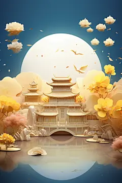 AI数字3D立体国风中秋赏月古建筑背景图-众图网