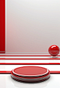 A red table top on the white background and a red circle, in the style of advertising art, high horizon lines, light white and gray, vhs, superflat, mingei, fluid and organic