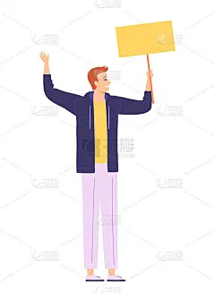 她手里拿着一张海报的年轻人。集会上的女孩。性状孤立在白色背景上。平面卡通矢量插图。