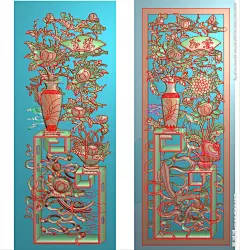 博古镂空牡丹花菊花花瓶屏风精雕