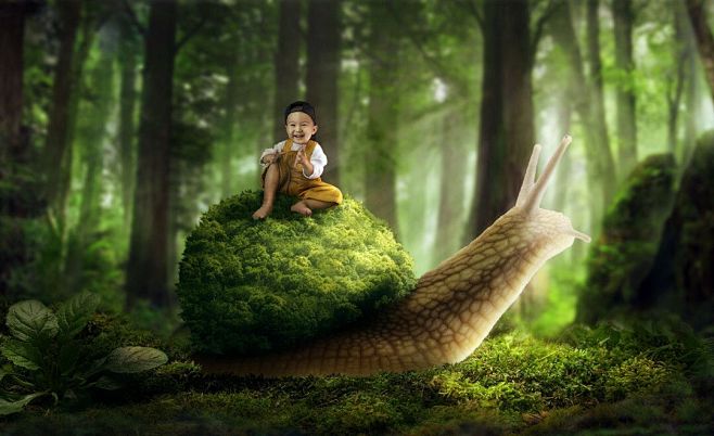 场景合成-蜗牛上的小孩