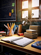 picture of a desk inside a school environment, in the style of luminous 3d objects, photo-realistic still life, animated illustrations, colorful animations, dark black and light beige, scientific illustrations, detail-oriented