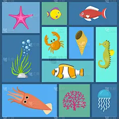 海洋植物和鱼类无缝模式矢量插图。在水族箱或海里游泳的鱼和海藻。水下元素，沙和苔藓，水母，海马和斑马鱼