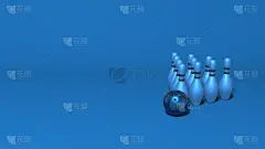 保龄球架立着一个金字塔。时尚的最小抽象水平场景，文字的地方。时尚经典的蓝色。三维渲染