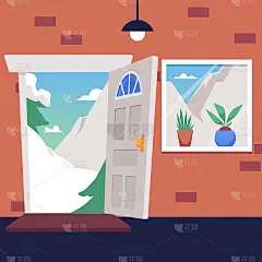 开房间或房子的大门在砖墙，平面矢量插图。