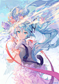 Anime 1215x1719 Hatsune Miku Vocaloid anime girls women blue hair long hair twintails hair ribbon flower in hair flowers hair in face looking at viewer blue eyes blushing tie dress ribbon fan art artwork digital art drawing illustration 2D portrait displa