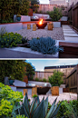 This modern landscaped backyard has a raised outdoor lounge deck, a wood burning firepit, succulents, bamboo and a vegetable garden. 