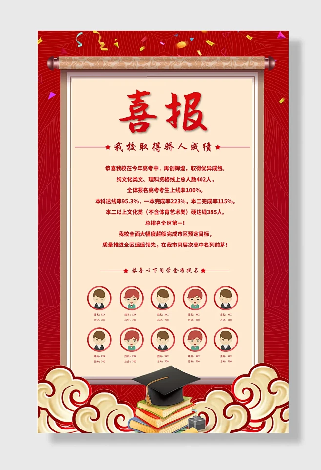 中学学校高考优异成绩榜喜报设计模板海报
