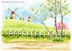 山坡上的风车卡通风景插画PSD分层素材|白云|草地|插画|风景|风景图片|卡通|蓝天|山坡|手绘|树木|栅栏