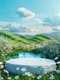 3d cartoon style. A simple circular stage is placed on a grassland with water and flowers. Blue sky background. There are rolling hills in the distance. Vibrant green, fresh spring breath. The Chinese grassland. Center composition. Cartoon style, surreali