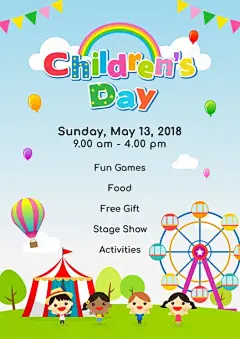 儿童节海报邀请矢量插图。孩子们在游乐场玩耍。素材图片