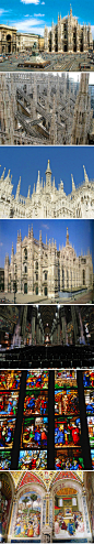 【米兰大教堂（Churchof Duomo）】是意大利著名的天主教堂，位于意大利米兰市内。这座教堂全由白色大理石筑成，135个尖塔像浓密的塔林刺向天空，并且每个尖塔上都有神的雕像，在阳光下，大教堂肃穆异常，仿佛笼罩着圣洁的光芒。