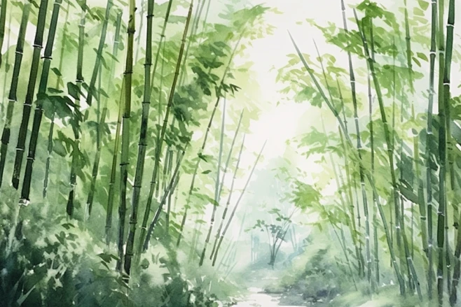 水彩中国风竹子竹林自然风景插画-花瓣网