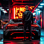 [4068042191532414] Help me create a cyberpunk-style photo: a man in full neon colors leaning against a futuristic sports car with his back turned. The car has red taillights and a charcoal gray body. The background is a cyberpunk city illuminated with neo