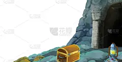 带有白色背景的地雷入口的卡通片场景，带有文字空间。儿童艺术风格场景说明