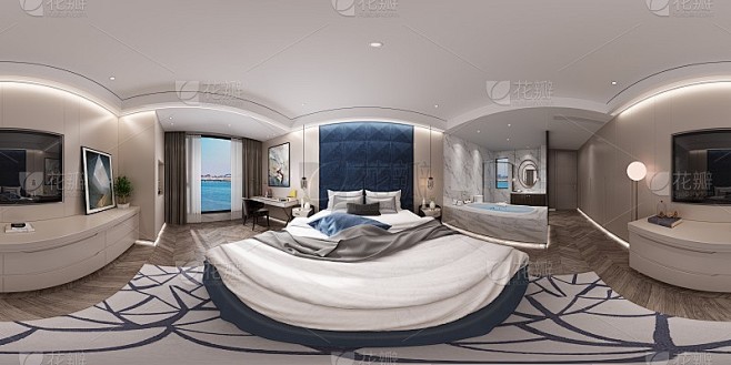 现代酒店房间的3d渲染，360度视图