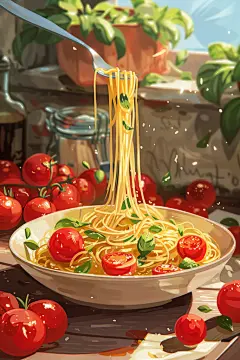 传统番茄肉酱意面西餐插画
