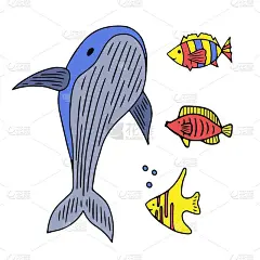 涂鸦黑色系列印刷设计。矢量孤立插图集。孩子的图形。海洋生物，海洋和海洋哺乳动物，鲸鱼和鱼，海洋设计元