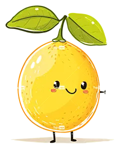 卡通柠檬-快乐的黄色柠檬，绿叶和手臂