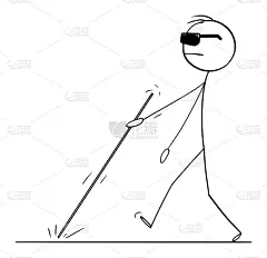 盲人行走与白色手杖或手杖，矢量卡通棍人物插图