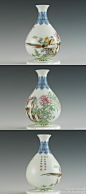 【 清乾隆 《珐琅彩芍药雉鸡图玉壶春瓶》 】高16.3cm、口径4cm、底径5cm，天津博物馆藏。小撇口，长颈，腹部下端丰满，圈足。瓶胎质细腻洁白，胎体轻薄，釉面莹润如玉。颈部用蓝料彩绘上下两组蕉叶纹，腹部珐琅彩绘芍药雉鸡图：两只雉鸡栖身于山石上，彼此相偎，周围衬以芍药花及秋季花草。
