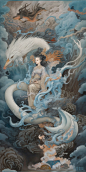 a painting with one chinese girl on a thronesurrounded by the phoenix beast, in the style of dain yoon, dark white and sky-blue, detailed crowd scenes, imaginative illustration, meticulous details, mythological references, action paintings