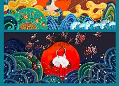 国潮风仙鹤喜鹊凤凰手绘插画浮世绘中国古典海报psd设计素材模板-淘宝网