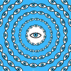 迷幻的眼睛圆。矢量手绘线涂鸦卡通插图标志。迷幻的，第三只眼睛，迷幻的印在t恤，海报，卡片上的概念