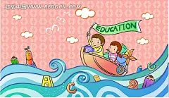 海船里举着EDUCATION旗的男孩和女孩船|海|红色背景|卡通人物|卡通人物图片|漫画人物|男孩|女孩|铅笔|人物素材|人物图片|矢量人物|云朵|字母