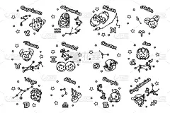 轮廓,漫画,可爱的,天秤座,水瓶座,双鱼座,几何学,圆形,复古