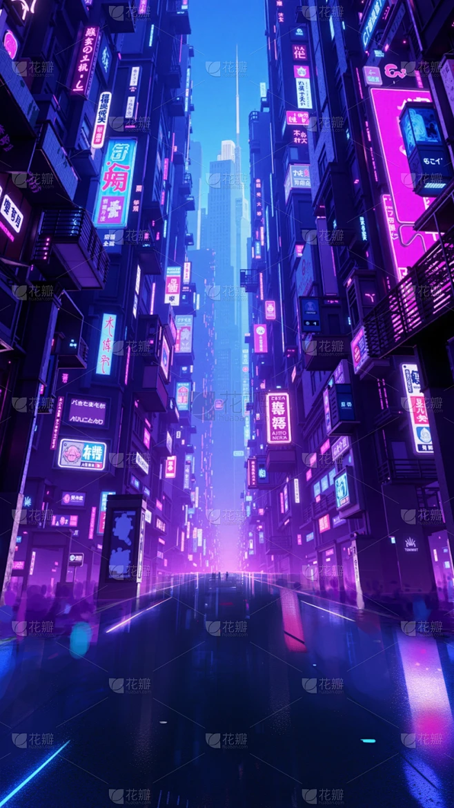 科技风光影感紫色赛博朋克大厦街道背景素材-花瓣网