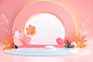 3d digital art illustration with a pink background with flowers and water, in the style of minimalist stage designs, circular shapes, joong keun lee, colorful cartoon, light orange and white, sheet film, selective focus