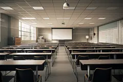 现代教室课桌椅场景摄影图
