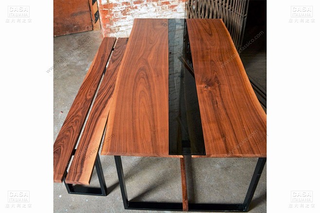 现代客厅铁艺长凳餐桌一体桌